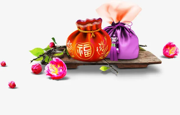 高清摄影创意元素红色紫色钱袋红色桃花免抠