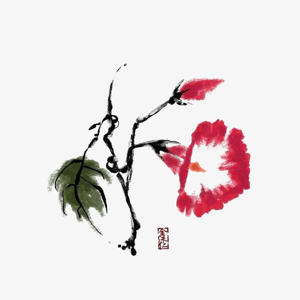 水墨红色牵牛花免抠