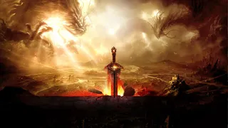 游戏场景宝剑黄色光效两条龙免抠