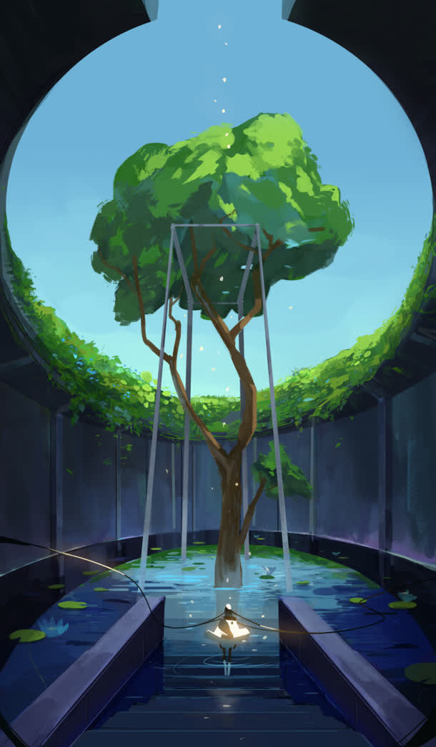 手绘绿色大树现代风景免抠