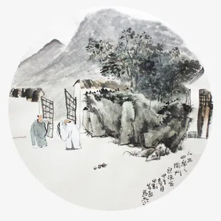 圆形山水人物意境茶画免抠