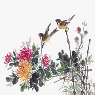 中式风格花鸟水墨画免抠