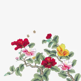 古风彩绘红花绿花绿叶免抠