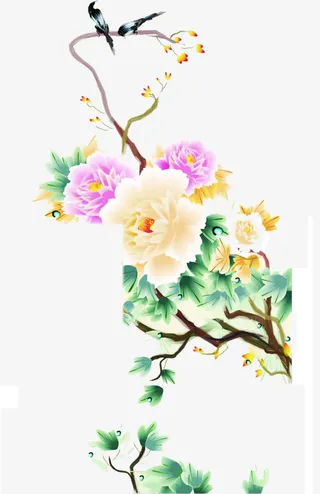 中秋节手绘彩色花朵绿叶免抠