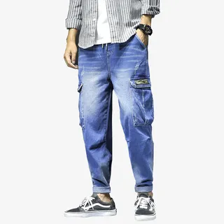 秋季爆款宽松休闲大码工装牛仔裤男免抠