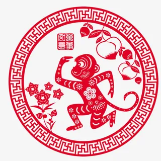 中国风剪纸蟠桃猴子花纹圆环免抠