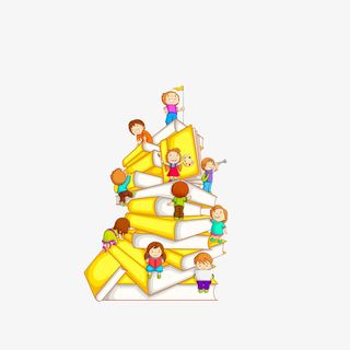 卡通书堆上攀爬的小孩素材免抠