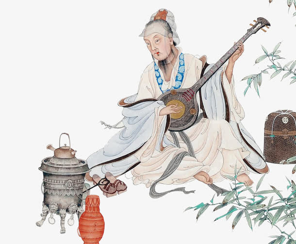古风抚琴画免抠