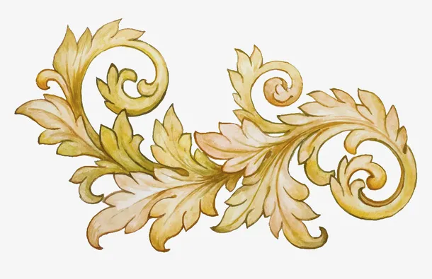 手绘黄绿色水彩卷草纹免抠
