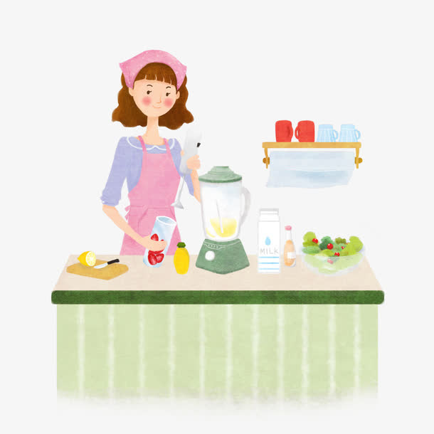 手绘做冰沙的美女免抠