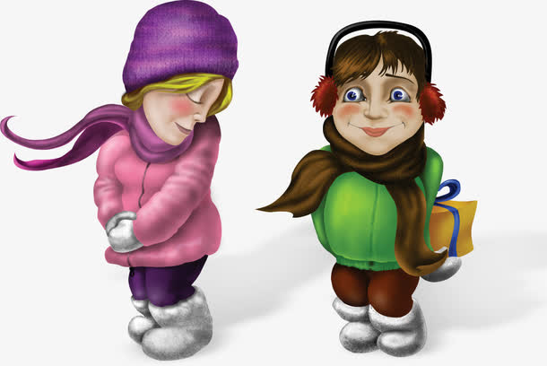 雪地里的两个卡通女孩免抠