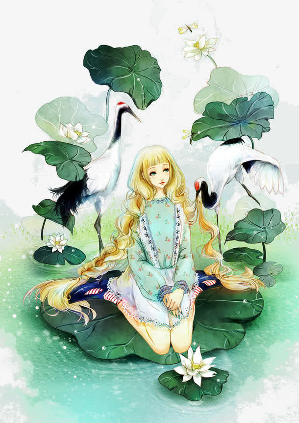 水彩荷叶上的少女免抠