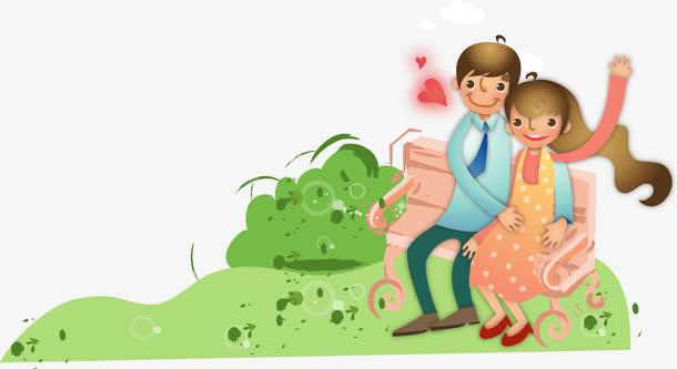 卡通插画草地上坐在木椅的夫妻免抠