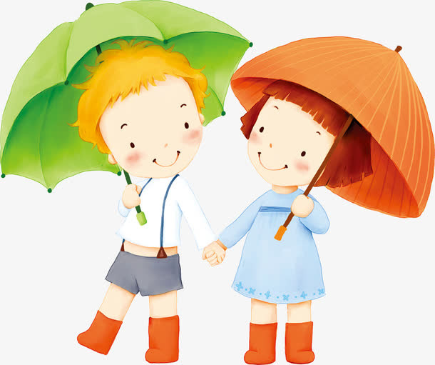 春天黄绿色雨伞漫画免抠
