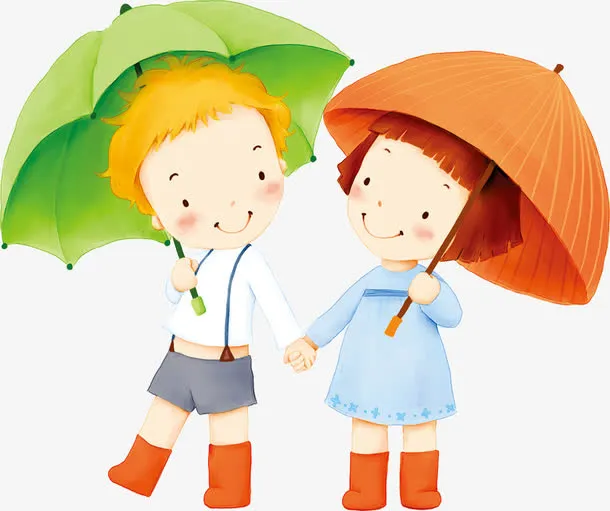 春天黄绿色雨伞漫画免抠