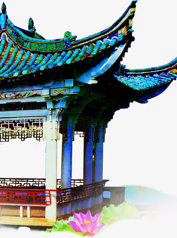 蓝色中国风飞檐庭院中秋免抠