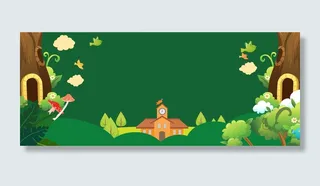 春天出游手绘卡通森林绿色banner高清