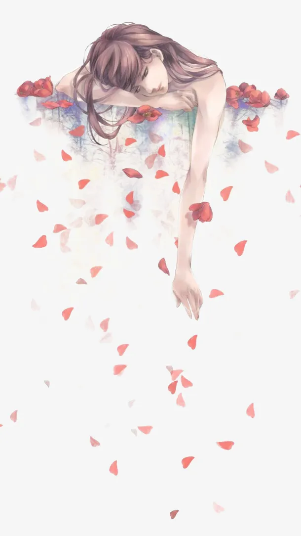 手绘人和花瓣免抠