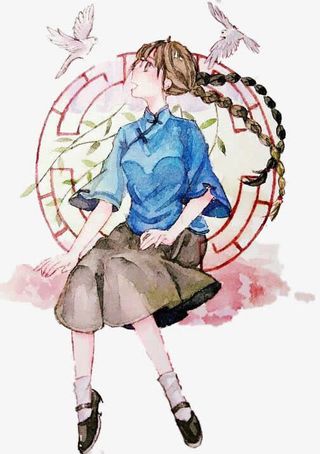 民国手绘美少女免抠