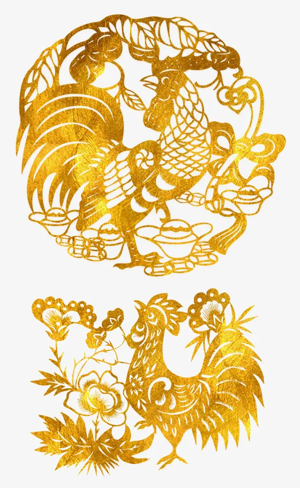 金色鸡 剪纸画 渐变免抠