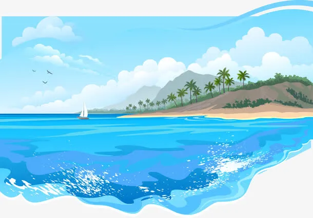 蓝色海洋美景椰树免抠