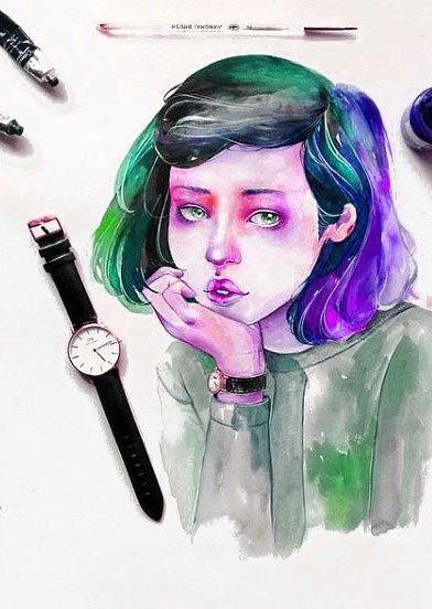 沉思的水彩美女免抠