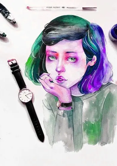 沉思的水彩美女免抠