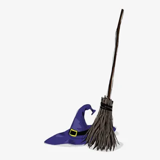 手绘魔法帽和魔法扫帚免抠