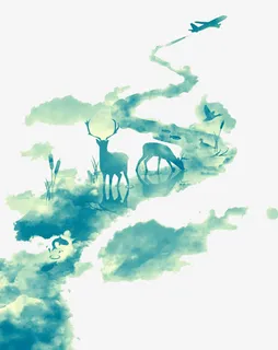 绿色水墨画麋鹿飞机鱼免抠