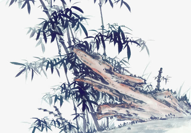 山竹岩石水墨画免抠