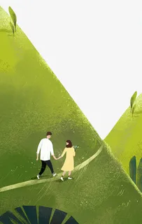 卡通春季踏青情侣男女手绘psd免抠