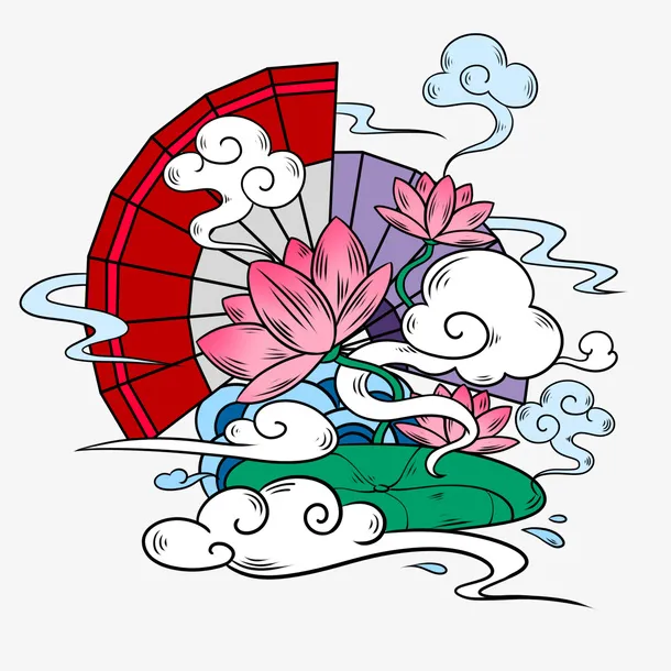 中国风国潮手绘荷花荷叶祥云浪花免抠