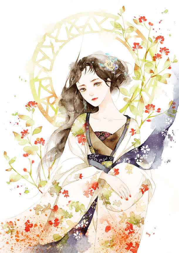 手绘古风绿叶美女免抠