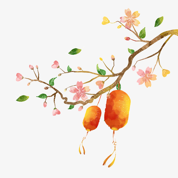 水彩春节装饰桃花灯笼免抠