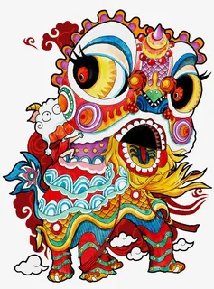 彩色手绘舞狮免抠