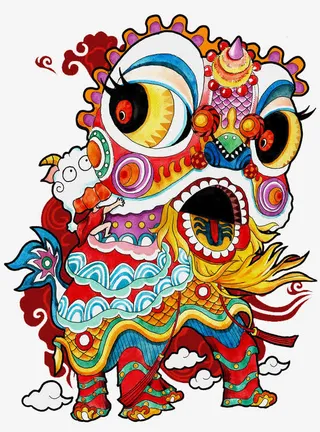 彩色手绘舞狮免抠