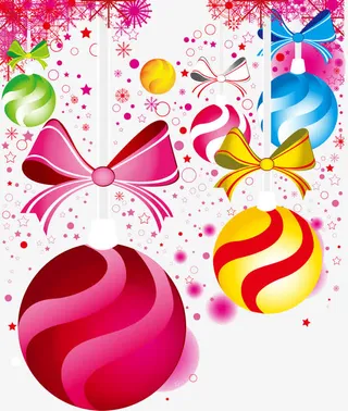 手绘彩色圣诞球雪花蝴蝶结免抠