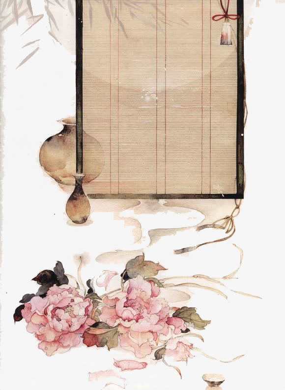 唯美古风水彩插画屏风免抠
