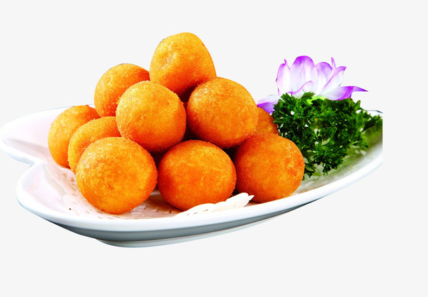 金黄色兰花装饰盘装炸丸子免抠