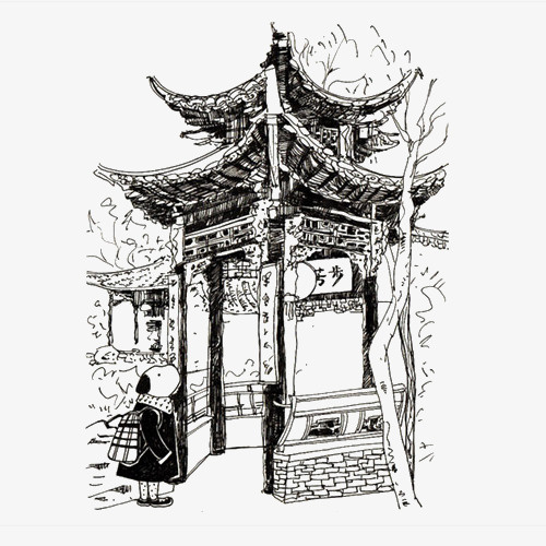 手绘亭台旁边的手绘古树免抠