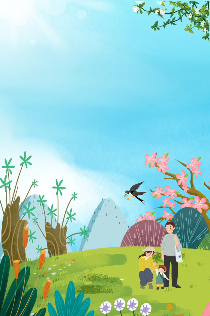 春天一家人郊游 手绘背景图高清