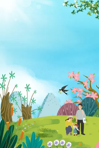 春天一家人郊游 手绘背景图高清