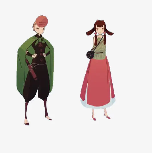 游戏人设绿斗篷少年和红裙少女免抠