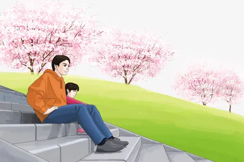 春天樱花草地台阶手绘人物免抠