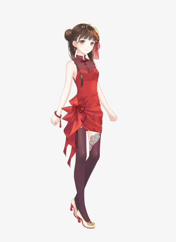 红色现代旗袍小姑娘免抠