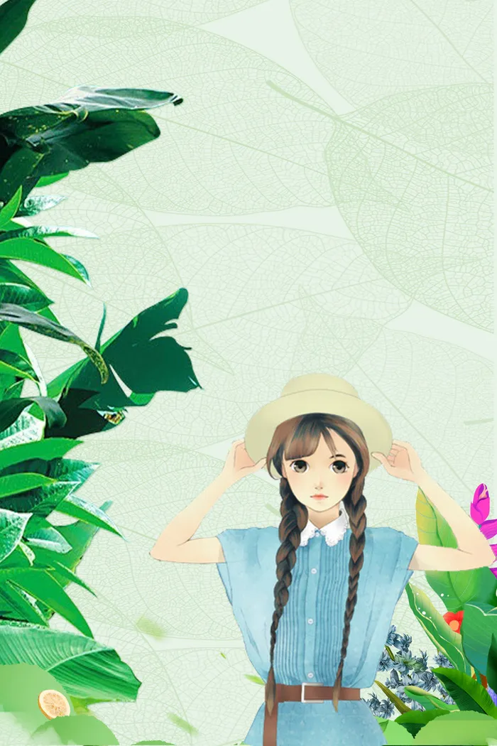 浅绿色手绘女生节少女春天海报高清