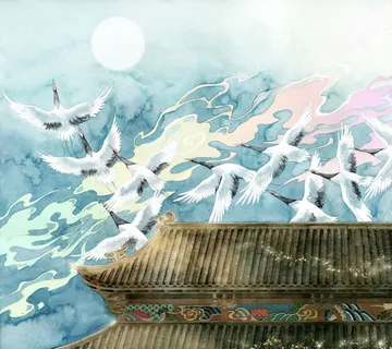 手绘中国风仙鹤房屋免抠
