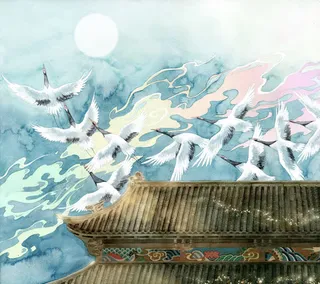 手绘中国风仙鹤房屋免抠