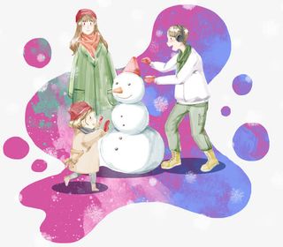 卡通手绘玩雪的一家人插画素材免抠