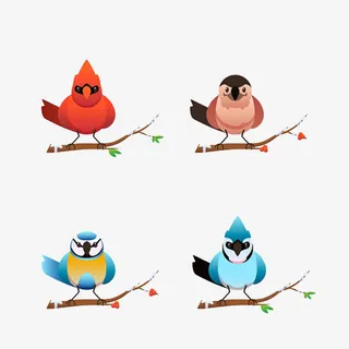 可爱卡通停在树枝上的鸟免抠